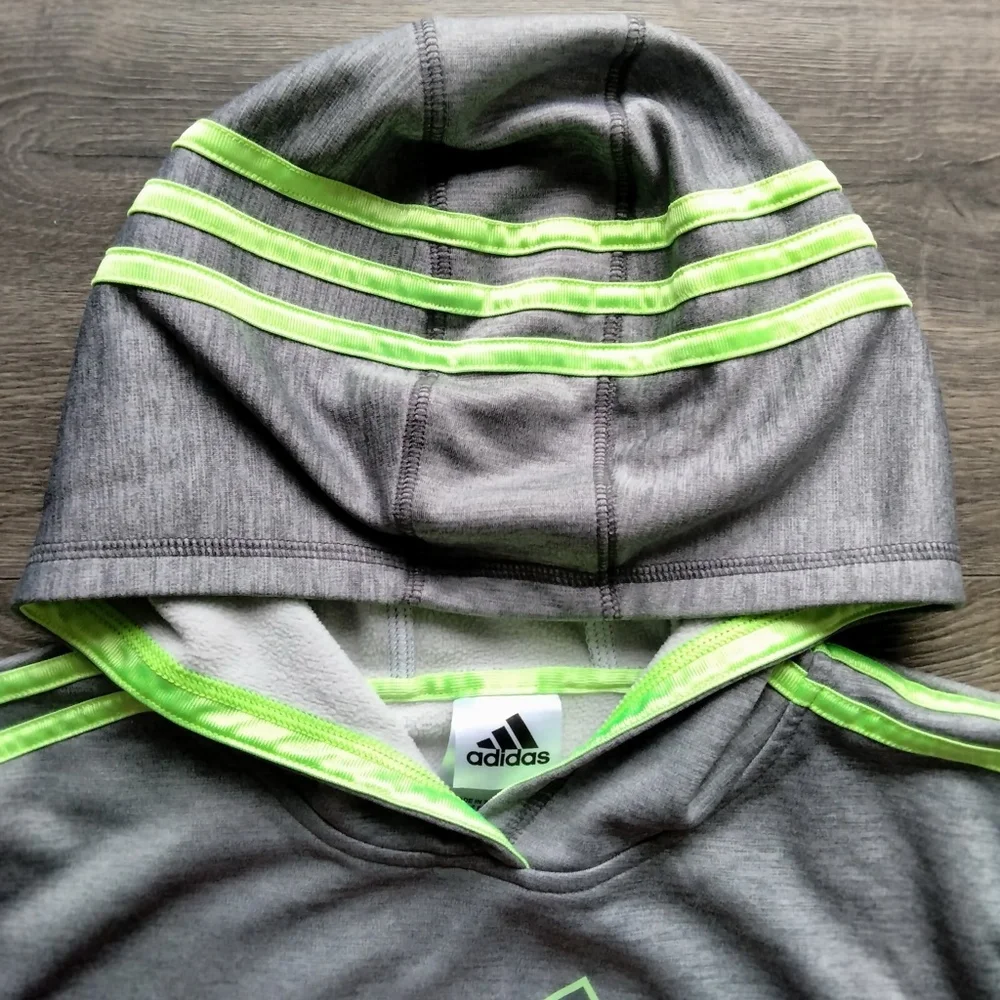 Adidas Boys' Active Sport Athletic Pullover Hooded Sweatshirt Grey/Lime L(14/16)